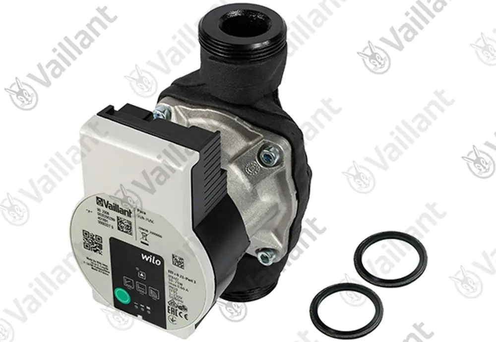Vaillant Pumpe mit einem kompakten Gehäuse, ausgestattet mit einem elektrischen Antrieb. Zwei O-Ringe sind separat abgebildet.